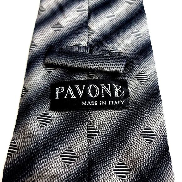 Pavone Italy Gray Silver Woven Geometric Striped Wide Silk Tie - Picture 3 of 6